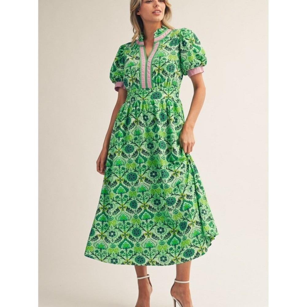 Jodifl Floral Cottagecore Midi Dress green  pink  NWT Small Southern Style B-9